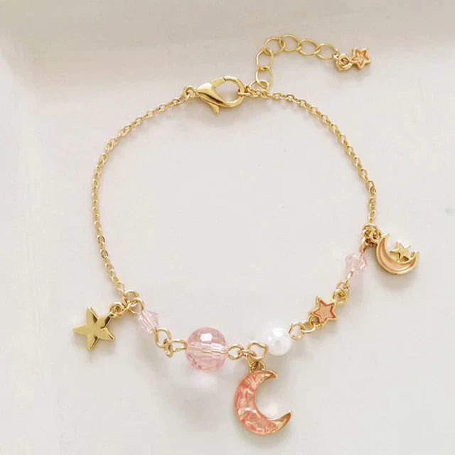 Japan Korea Stern Mond Armband Für Frauen Mädchen Mode Rosa Kristall Perle Kette Armband Großhandel Designer Schmuck Party Geschenk