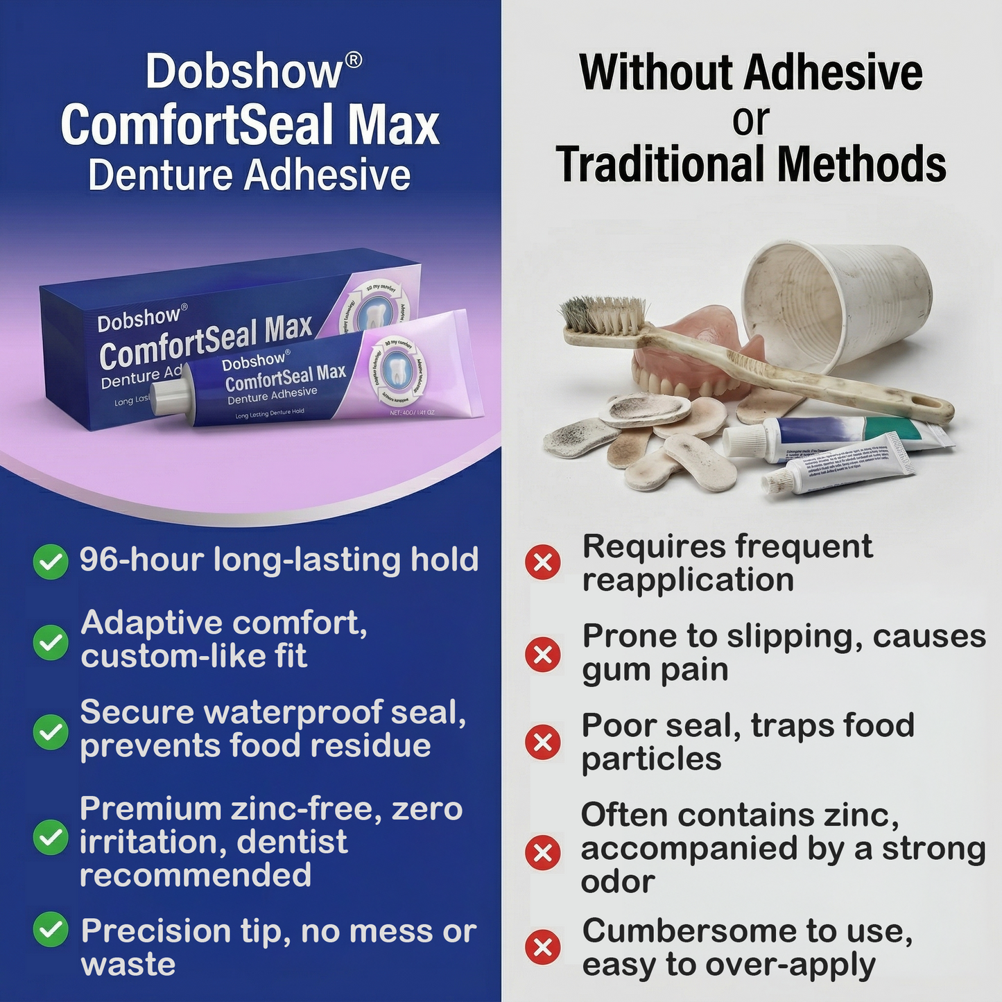 👨‍⚕️Dobshow® ComfortSeal Max Denture Adhesive—🦷96-hour long-lasting, heat adaptive technology